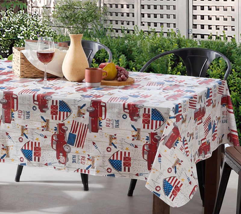 Newbridge Rectangle Vinyl Tablecloth with Flannel Backing, 60 x 120 Inch, Patriotic Truck, Indoor Outdoor Waterproof Vinyl Table Cloth, American Celebration Red Trucks and Flags - Image 5
